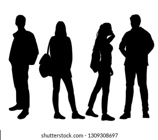 Set of vector silhouettes of  men and a women, a group of standing business people, black color isolated on white background