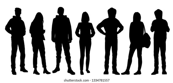Set of vector silhouettes of  men and a women, a group of standing business people, black color isolated on white background