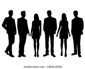 Set of vector silhouettes of  men and a women, a group of standing business people, black color isolated on white background