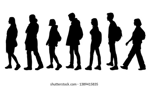 Set of vector silhouettes of  men and a women profile, a group of walking business people, black color isolated on white background
