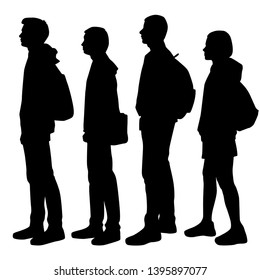 Set of vector silhouettes of  men and a women profile, a group of walking business people, black color isolated on white background