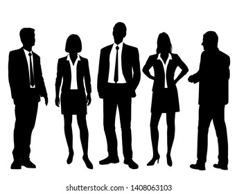 Set of vector silhouettes of  men and a women, a group of standing business people, black color isolated on white background