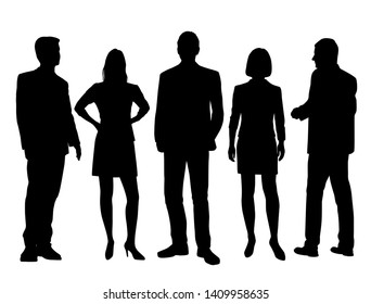 Set of vector silhouettes of  men and a women, a group of standing business people, black color isolated on white background