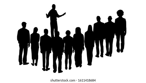 Set of vector silhouettes of men and a women, a group of standing business people, black color isolated on white background