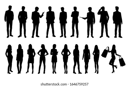 Set of vector silhouettes of men and women, a group of business people standing in various poses, black color, isolated on a white background