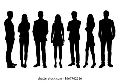 Set of vector silhouettes of  men and a women, a group of standing  business people, black color isolated on white background