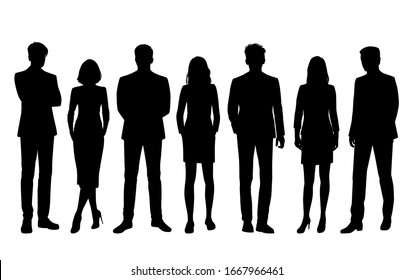 Set of vector silhouettes of  men and a women, a group of standing  business people, black color isolated on white background