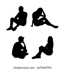 Set of vector silhouettes of men and women , a group of business people sitting in various poses, black color, isolated on a white background