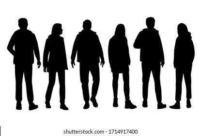 Set of vector silhouettes of  men and a women, a group of standing and walking  business people, black color isolated on white background