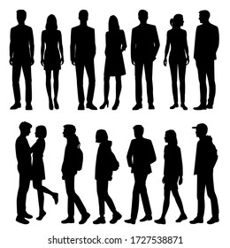 Set of vector silhouettes of  men and a women, a group of standing and walking business people, black color isolated on white background