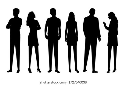 Set of vector silhouettes of  men and a women, a group of standing business people, with smart phone, black color isolated on white background