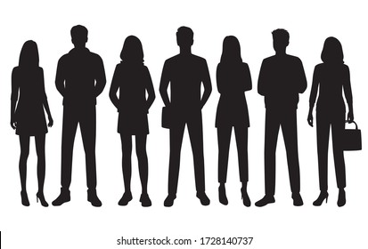 Set of vector silhouettes of  men and a women, a group of standing business people, black color isolated on white background