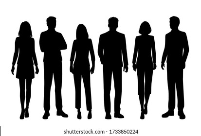 Set of vector silhouettes of  men and a women, a group of standing business people, black color isolated on white background