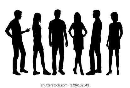 Set of vector silhouettes of  men and a women, a group of standing business people, black color isolated on white background