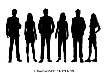 Set of vector silhouettes of  men and a women, a group of standing business people, black color isolated on white background