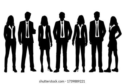 Set of vector silhouettes of  men and a women, a group of standing business people, black color isolated on white background