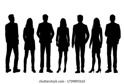 Set of vector silhouettes of  men and a women, a group of standing business people, black color isolated on white background
