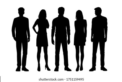 Set of vector silhouettes of  men and a women, a group of standing business people, black color isolated on white background