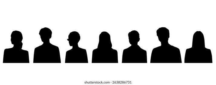Set vector silhouettes of men and women, business profile avatar, black color, isolated on white background
