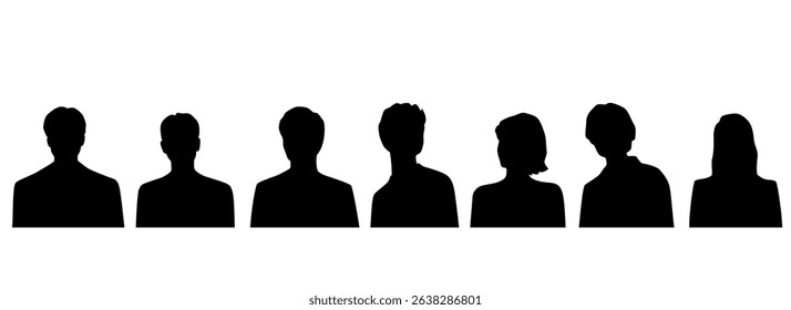 Set vector silhouettes of men and women, business profile avatar, black color, isolated on white background
