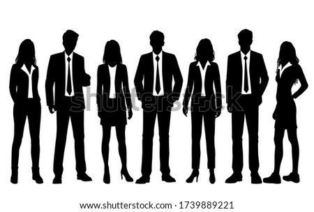 Set of vector silhouettes of  men and a women, a group of standing business people, black color isolated on white background