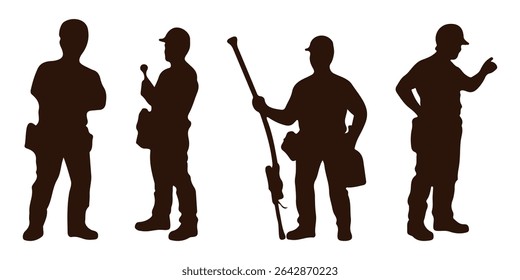 Set of vector silhouettes of men working and building. Icons of worker with many different tools and instuments. Big collection of men profiles.