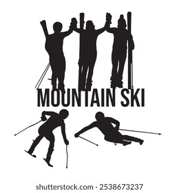 Set of vector silhouettes of mountain skiing, extreme sports, winning skiers and skiers shadow set