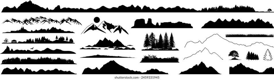 Set of vector silhouettes - Mountains, hills and glaciers - Design elements - Mountain ranges, hills and forests