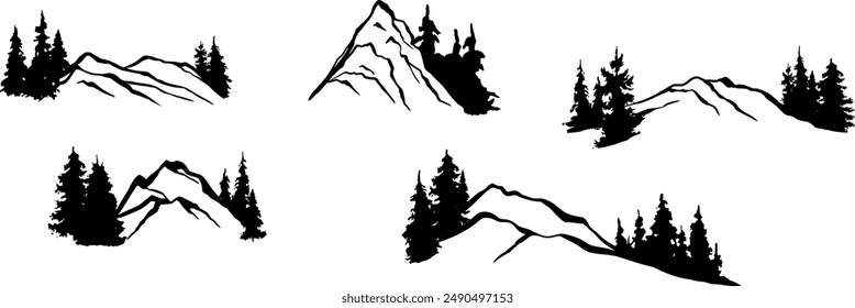 Set of vector silhouettes - Mountains, hills and trees. Design elements. Mountain ranges, hills and forests, fir tree, outdoors, nature, travel, climbing