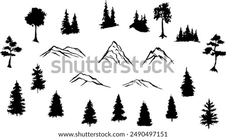 Set of vector silhouettes - Mountains, hills and trees. Design elements. Mountain ranges, hills and forests, fir tree, outdoors, nature, travel, climbing
