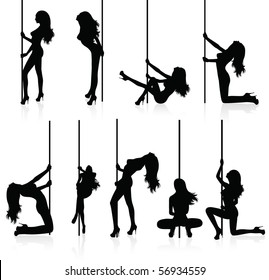 Set Of Vector Silhouettes Of A Naked Stripper Woman With A Pole.