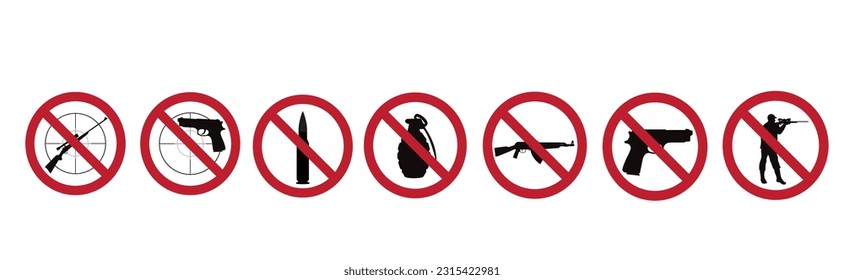 Conjunto de siluetas vectoriales sin signo de arma sobre fondo blanco. Símbolo de prohibición.