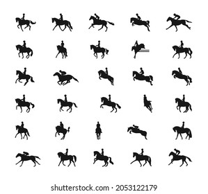 Set of vector silhouettes on the theme of equestrian sport, dressage, show jumping, eventing, horse racing