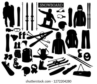 Set of vector silhouettes on the topic of snowboarding and ski equipment