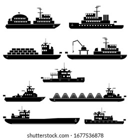 Set of vector silhouettes of passenger, cargo, towing and specialized sea ships