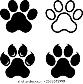 A set of vector silhouettes of paw prints, including dog, cat, and other animal footprints. Perfect for use in designs related to pets, animals, wildlife, and more.