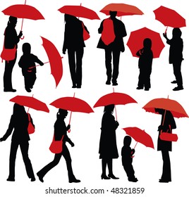 Set of vector silhouettes of people with red umbrella