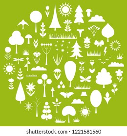 Set of vector silhouettes of plants. Stencil of trees, flowers, bushes, grass, insects in the form of a circle. Forest theme templates.