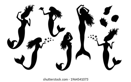 Set of vector silhouettes of pregnant mermaid.