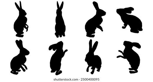 set of vector silhouettes of rabbit illustrations with several angles