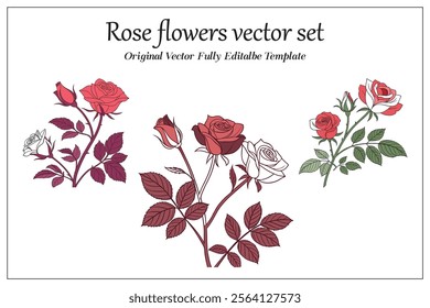 Set of vector silhouettes of rose flowers isolated on a white background.