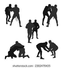 Set of vector silhouettes of sambo athletes in sambo wrestling, combat sambo, duel, fight, jiu jitsu. Martial art, sportsmanship