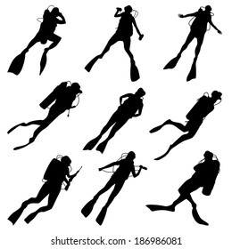Set of vector silhouettes scuba diving in different poses.