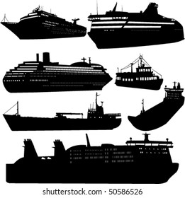 Set of vector silhouettes of ships and cruise ship