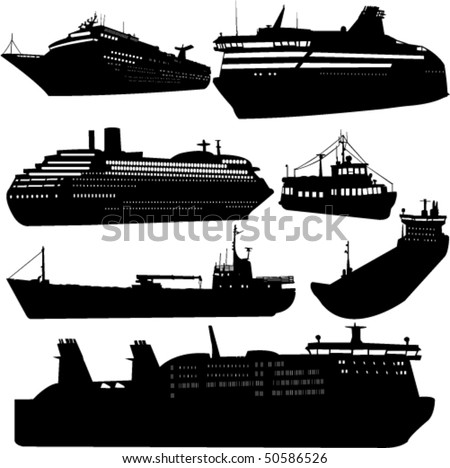 Set of vector silhouettes of ships and cruise ship