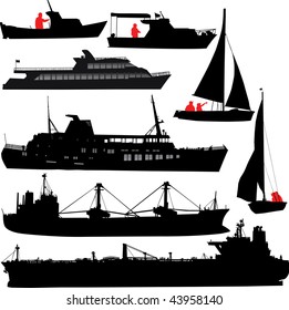 Set of vector silhouettes of ships and yachts