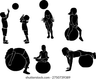A set of vector silhouettes showing children exercising with stability balls. Includes stretching, balancing, yoga poses, and physical therapy activities. Great for health, wellness, and educational content.