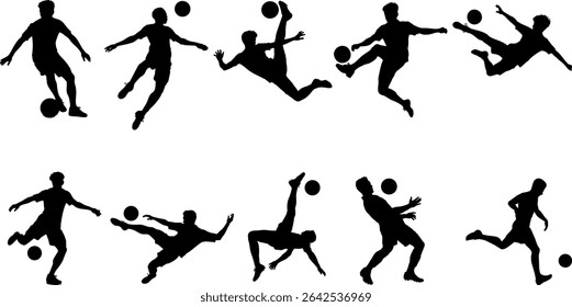Set of vector silhouettes showing soccer players in various dynamic action poses. Ideal for sports designs, branding, advertising, infographics, and athletic-themed creative projects.