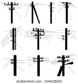 Set of vector silhouettes simple power line poles with wires on middle voltage transmission (wooden and concrete pillars).