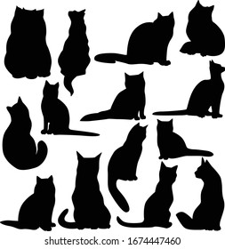 Set of vector silhouettes of sitting cats isolated on a white background. Black icons of seated cats in different poses.